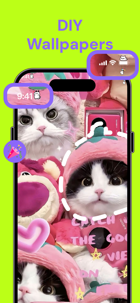 PicMi - Wallpaper & Widgets - Ein Smartphone, das ein benutzerdefiniertes Katzen-Themen-Wallpaper mit pinken ästhetischen Dekorationen und lila Widgets anzeigt.
