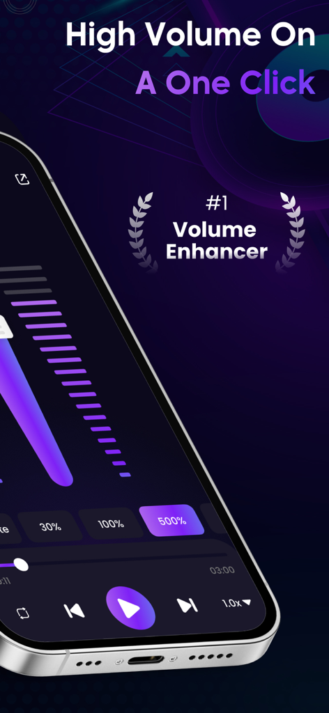 Volume Boost: Louder Sound MAX - Mobile app interface for Volume Boost showing a one click volume enhancement feature for louder sound