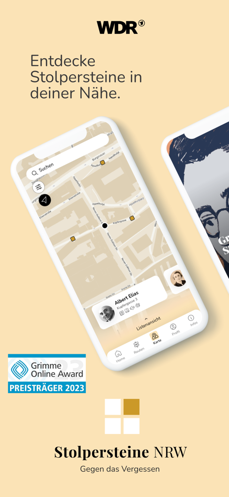 Stolpersteine NRW - A smartphone displaying the interactive map interface of the Stolpersteine NRW app for discovering Holocaust memorial stones