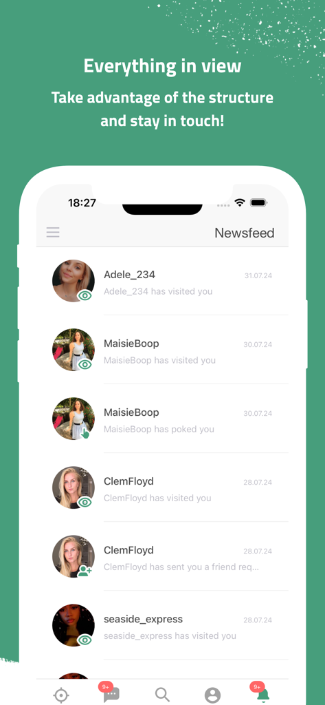 Fil d'actualité de l'application mobile Linduu montrant les profils des utilisateurs et les notifications d'activité
