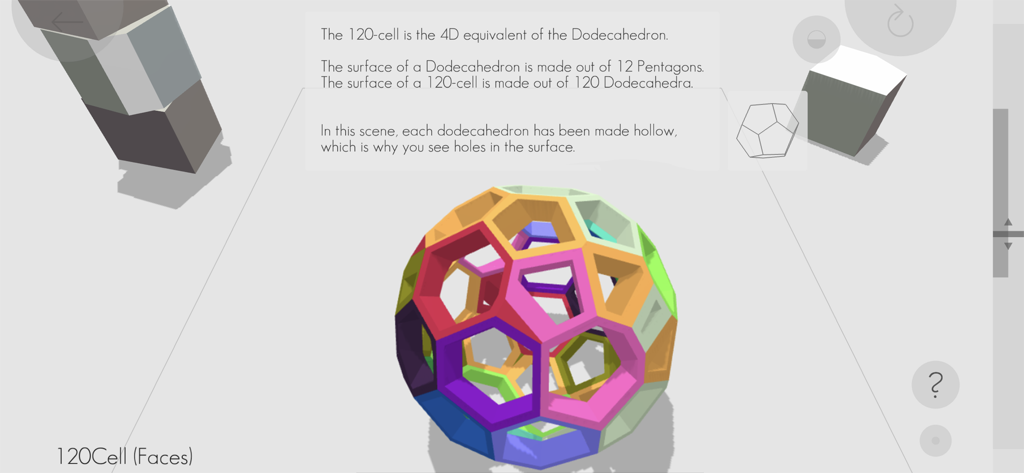 4D Toys - A screenshot from 4D Toys showing a colorful hollow 120-cell geometric shape with educational text explaining its 4D properties