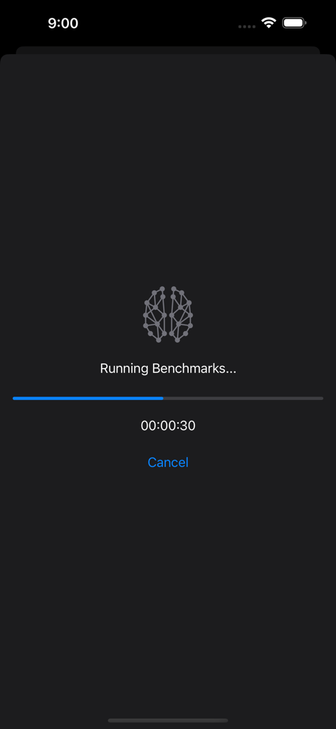 Aplicativo Geekbench AI mostrando benchmarks de machine learning em andamento