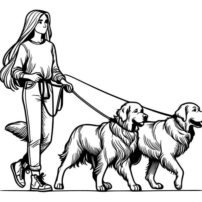 realistic woman with long hair walking with her two large dogs on a leash