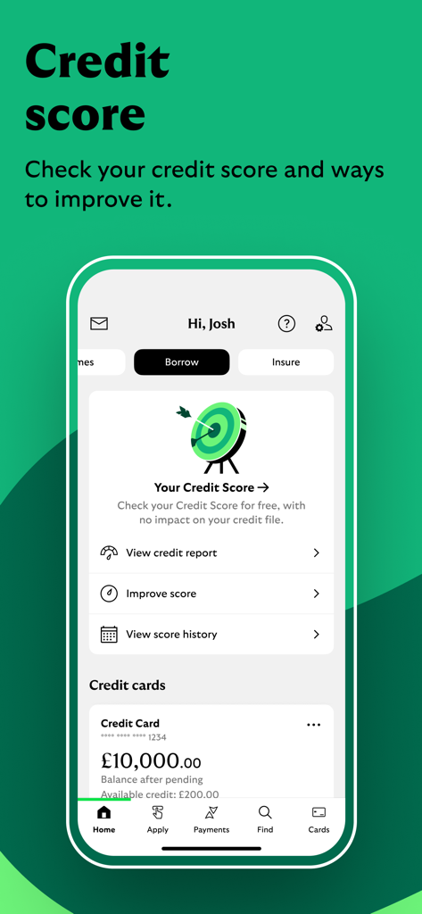 Lloyds Mobile Banking - Écran de l'application Lloyds Bank montrant le suivi du score de crédit et les détails du solde de la carte de crédit