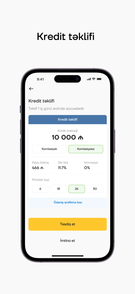 Yelo - A mobile app interface from Yelo Bank showing a credit offer for 10,000 AZN with loan terms and monthly payment details.