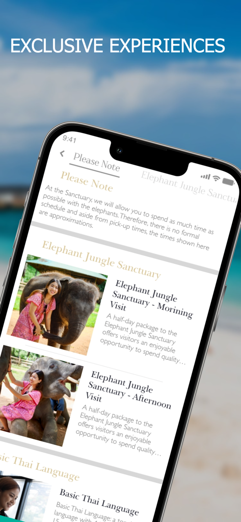 ONYX Rewards - ONYX Rewards app screen showing exclusive tour and activity bookings like elephant sanctuary visits