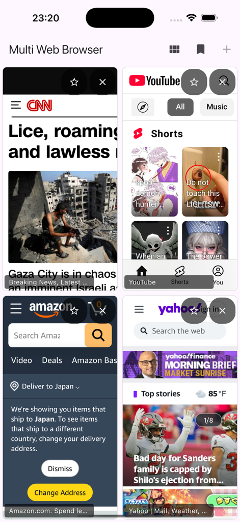 モバイルデバイスでCNNニュース、YouTubeショート、Amazonショッピング、Yahooニュースを同時に表示する4つのウィンドウ分割画面ブラウザ。