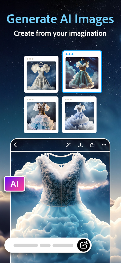 Interfaz de Photoshop Express que muestra la generación de imágenes IA de diseños de vestidos creativos a partir de la imaginación.