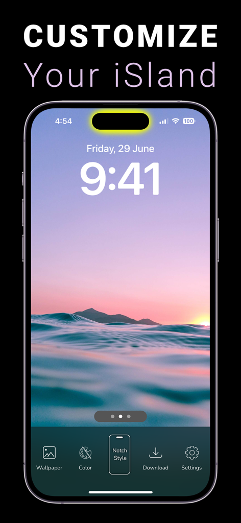 INFI: Dynamic Island Wallpaper - Una captura de pantalla de la interfaz de la aplicación INFI para personalizar la Isla Dinámica del iPhone con un tema de océano y atardecer.