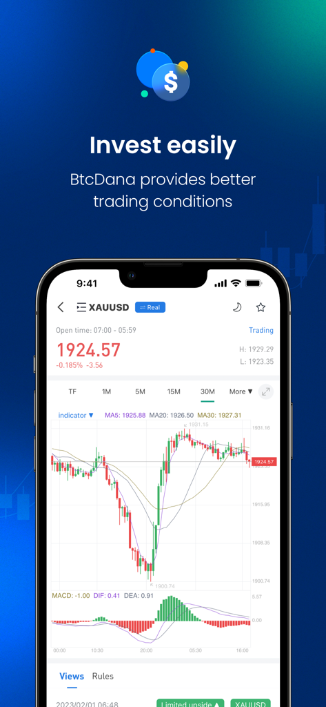 BtcDana mobile app screen showing a XAUUSD gold price candlestick chart