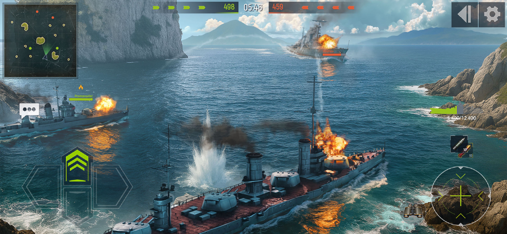 Tactical 3D naval combat with battleships firing in Navy War