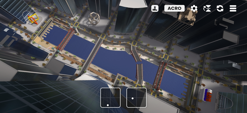 FeelFPV - Vista aérea de arriba hacia abajo de una ciudad con un río y puentes en el simulador de drones FeelFPV