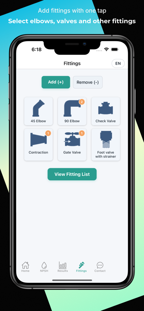 NPSH Calculator - Schermata dell'app NPSH Calculator per la selezione di raccordi e valvole per tubi per calcolare la perdita di carico idraulica