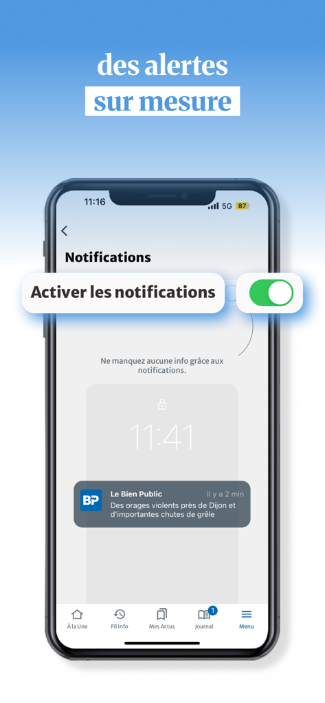 Le Bien Public - Côte d'Or - Interface de l'application Le Bien Public montrant comment activer les actualités personnalisées et les alertes météorologiques.