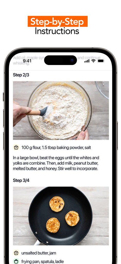 foodela – tasty meal recipes - Interfaz de aplicación móvil que muestra instrucciones de cocina paso a paso con fotos reales para una receta de panqueques