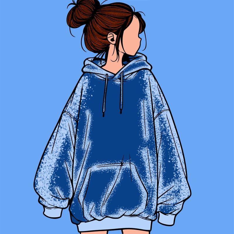 realistic girl with a oversized sweatshirt on and a bun