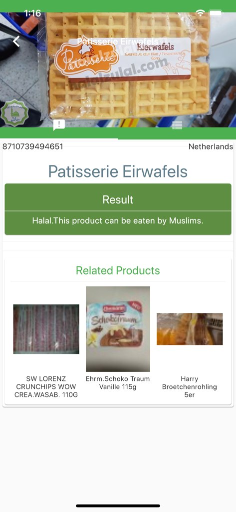 Halal Zulal - Halal Zulal app interface showing a verified halal status for a scanned food product