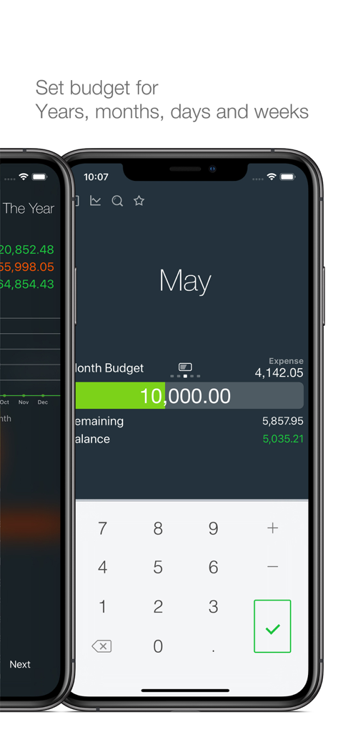 Money - Track easily - Monthly budget tracking screen on iPhone showing a visual progress bar and a numeric keypad for manual entry