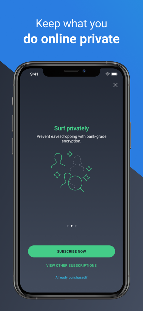 Interface do aplicativo AVG Secure VPN mostrando recursos de navegação privada e criptografia
