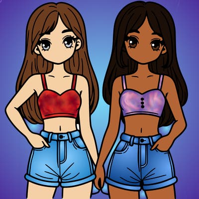 two sisters with crop tops and jean shorts and straight hair