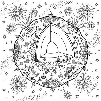 Journey to the stars with this extraordinary Vesta asteroid coloring page, intricately designed with vibrant Diwali festival elements. Unleash your creativity on a celestial canvas adorned with rangoli and cosmic fireworks.