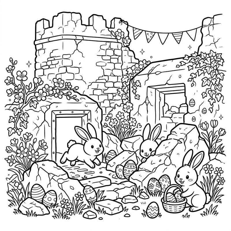 Step into a whimsical Easter adventure with this coloring page, featuring adorable bunnies exploring mysterious ancient ruins. Uncover hidden eggs and blossoming flowers as you bring this captivating blend of history and spring celebration to vibrant life.