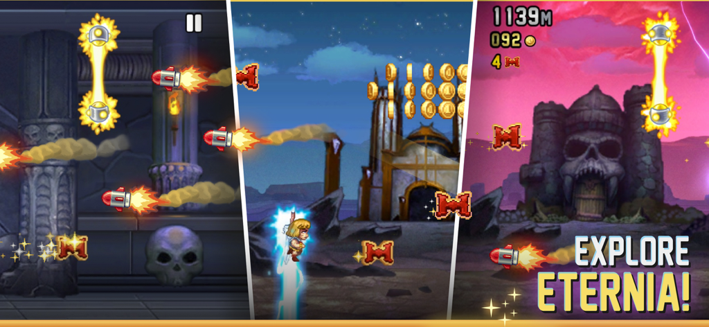 Jetpack Joyride Classic - Gameplay of Jetpack Joyride Classic showing a character dodging missiles in the Eternia level.