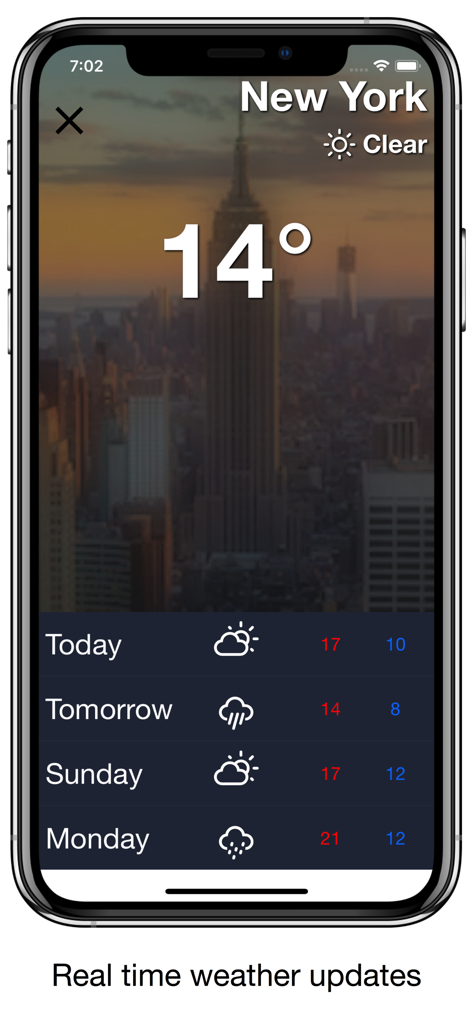ニューヨークの天気予報を表示するモバイル画面。澄んだ空、現在の気温、4日間の見通しが含まれています。