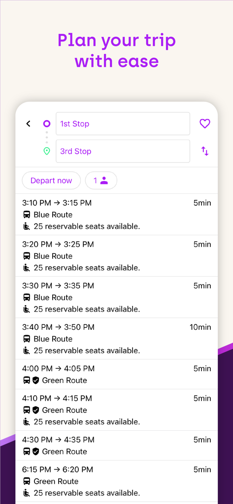 Interface do aplicativo móvel TripShot mostrando horários de rotas de transporte e assentos disponíveis para planejar um deslocamento