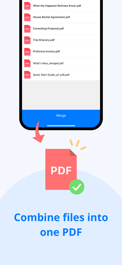 PDF Reader - Editor & Viewer - KDAN PDF app interface showing a list of documents and a button to combine multiple files into one PDF.