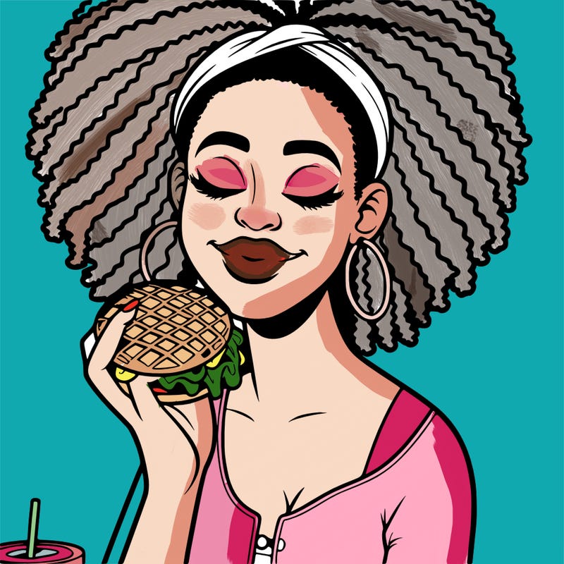 an african american woman eating a waffle burger realistic