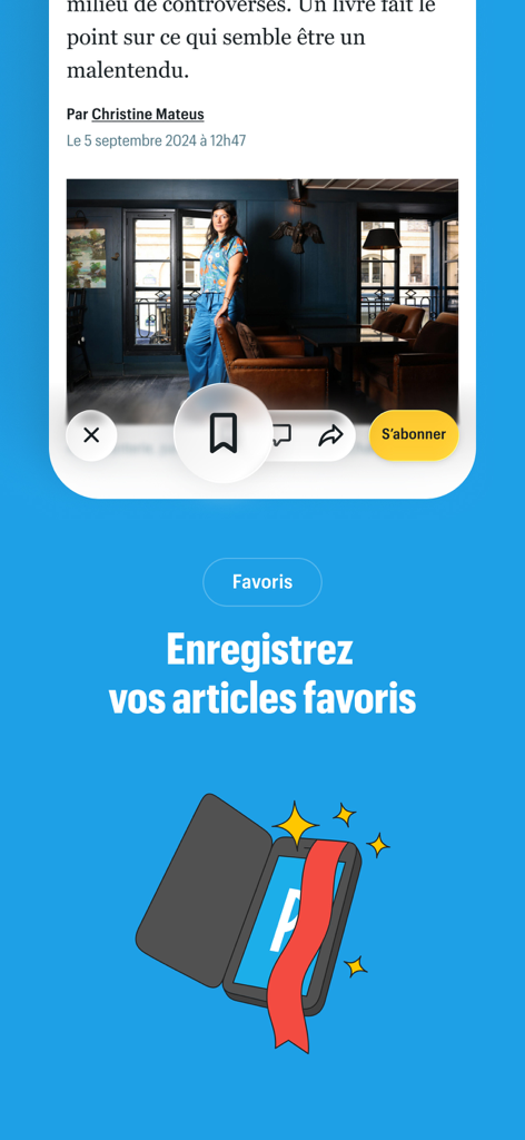 Interface of the Le Parisien app showing the bookmark feature to save favorite news articles.