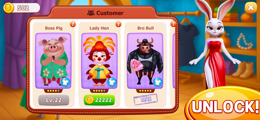 Cooking Clash - Pantalla de selección de clientes de Cooking Clash con los personajes animales Jefe Cerdo, Señora Gallina y Toro