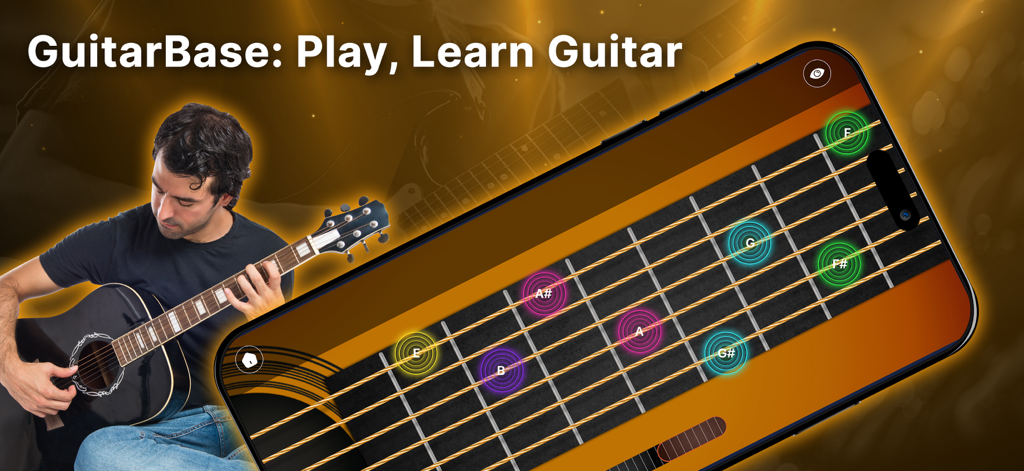 GuitarBase: Play, Learn Guitar - Diapasón de guitarra virtual en la pantalla de un smartphone con notas coloreadas de la aplicación GuitarBase.