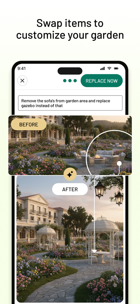 Vorher-Nachher-Vergleich einer Gartengestaltung, bei der ein Sofa und ein Feuerkorb durch ein weißes Gazebo mit KI ersetzt werden