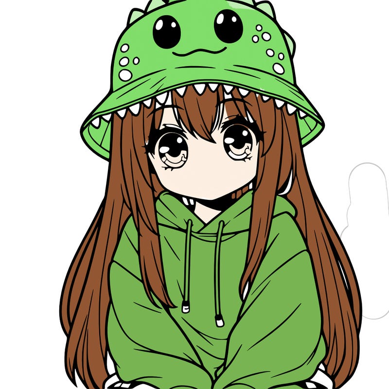 girl with anime shaped eyes with a dinosaur bucket hat oversized sweatshirt long straight hair