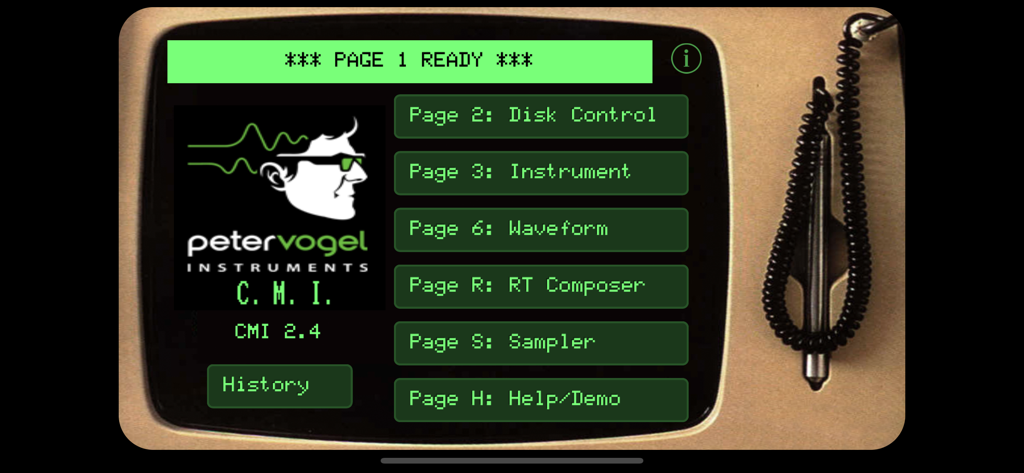 Main menu of the Peter Vogel CMI app featuring a retro green phosphor screen interface