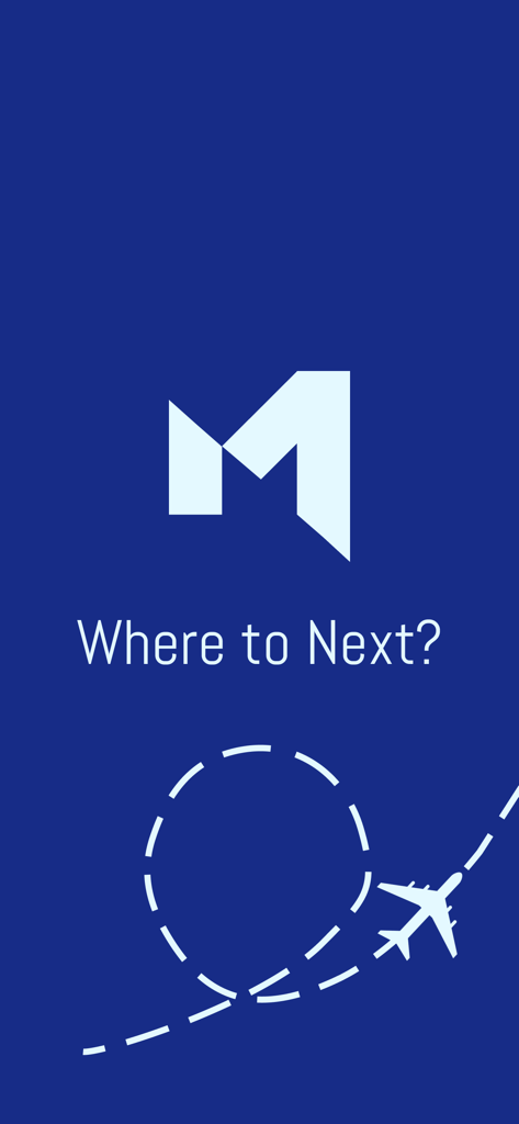 Merro - Pantalla de inicio de la aplicación de viajes Merro que muestra el logotipo y el lema "¿A dónde ir después?" con un icono de avión