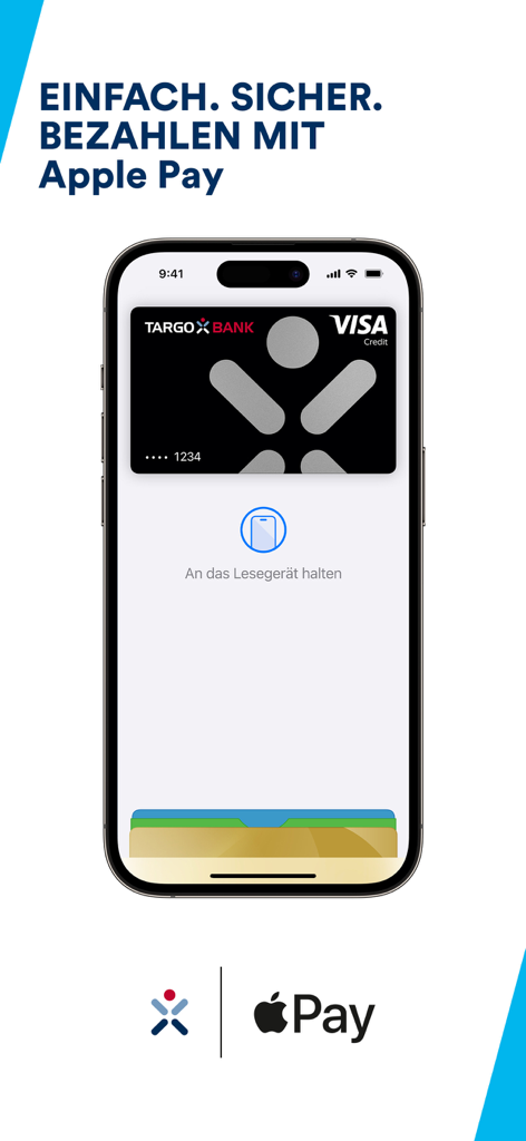 TARGOBANK mobile banking app interface showing Apple Pay integration with a Visa credit card on an iPhone screen.
