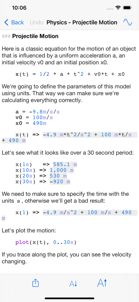 Calca - Calca app interface showing a physics projectile motion calculation with markdown text and math equations