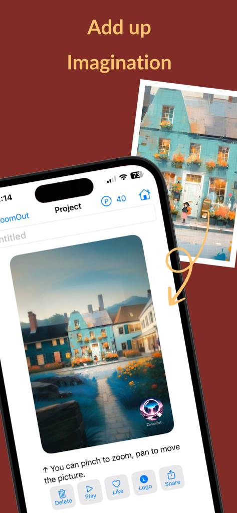 ZoomOut - Out paint your photo - ZoomOut App-Bildschirm, der zeigt, wie ein Foto mit KI-Outpainting erweitert wird