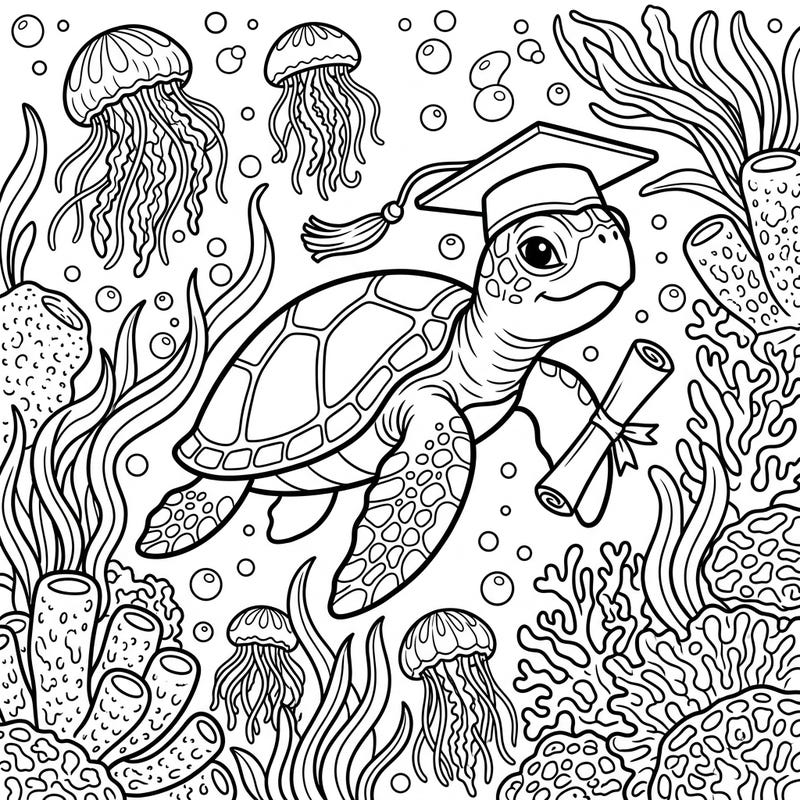 Dive into an adorable underwater graduation scene with this sea turtle proudly wearing its cap and holding a diploma. This intricate coloring page features elements of its natural diet and a vibrant marine environment, offering a fun and educational coloring experience.