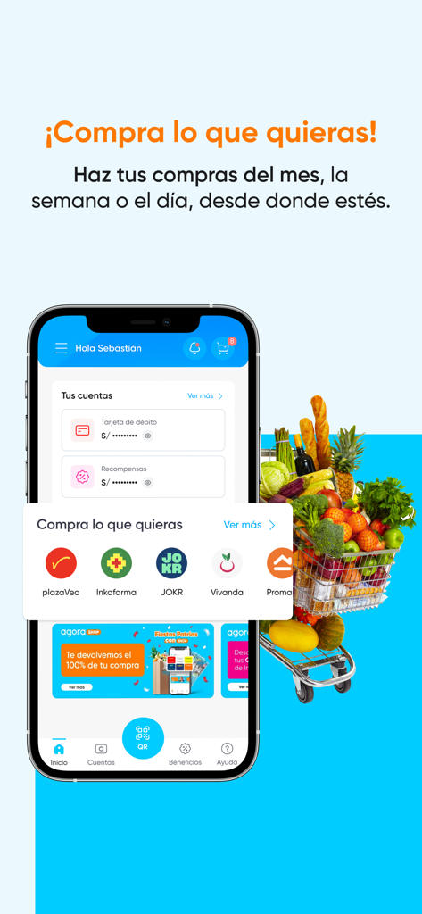 Pantalla de la app Agora mostrando opciones de compra de comestibles de minoristas como plazaVea e Inkafarma junto a un carrito de compras completo