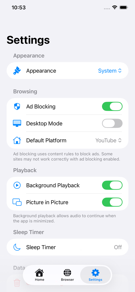 Video Lite – Player & Browser - Pantalla de configuración de la aplicación Video Lite que muestra las funciones de bloqueo de anuncios y reproducción en segundo plano