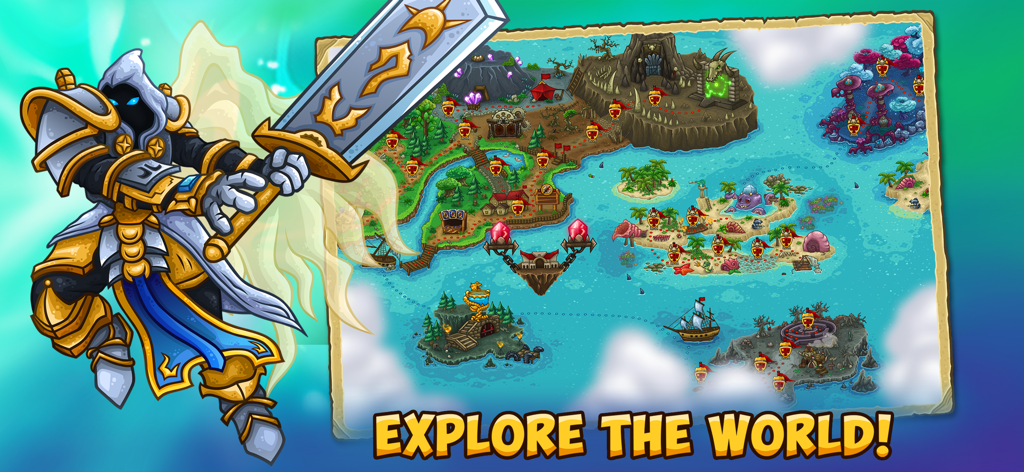 Un mapa del mundo de fantasía con varios lugares de niveles y un personaje guerrero en Booblyc TD