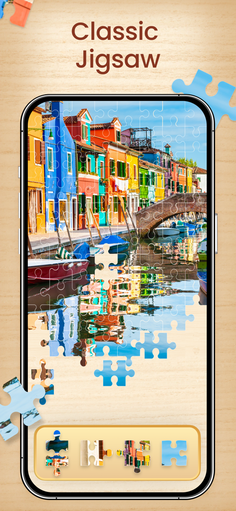 Jigsaw Puzzle HD - Brain Games - Quebra-cabeça clássico de casas coloridas sendo resolvido em um telefone celular.