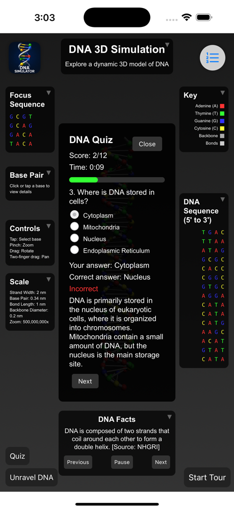 Interfaz de la aplicación Simulador de ADN que muestra un cuestionario de biología de opción múltiple y hechos educativos sobre el ADN