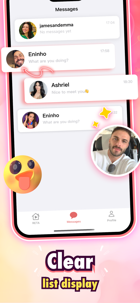 Reta - Dance Video Sharing - Una captura de pantalla de la interfaz de mensajes de la aplicación Reta que muestra una lista clara de conversaciones de chat con fotos de perfil y nombres de usuario.