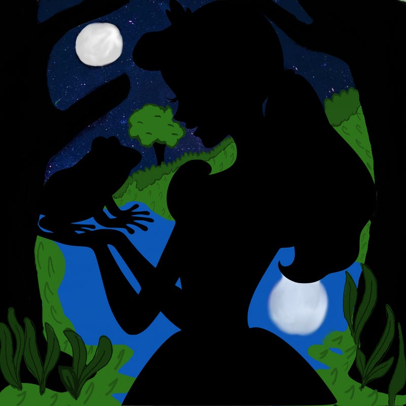 a shadow of a princess holding a frog realistic