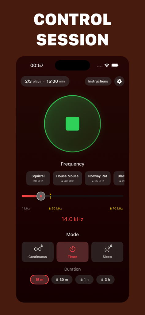 Rodent Repellent - A mobile app interface for rodent repellent showing frequency settings and timer modes